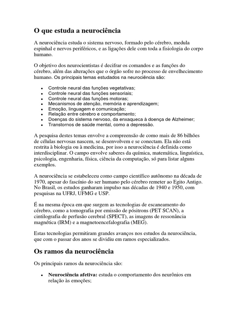 O Que Estuda A Neurociência PDF Neurociência Aprendizado