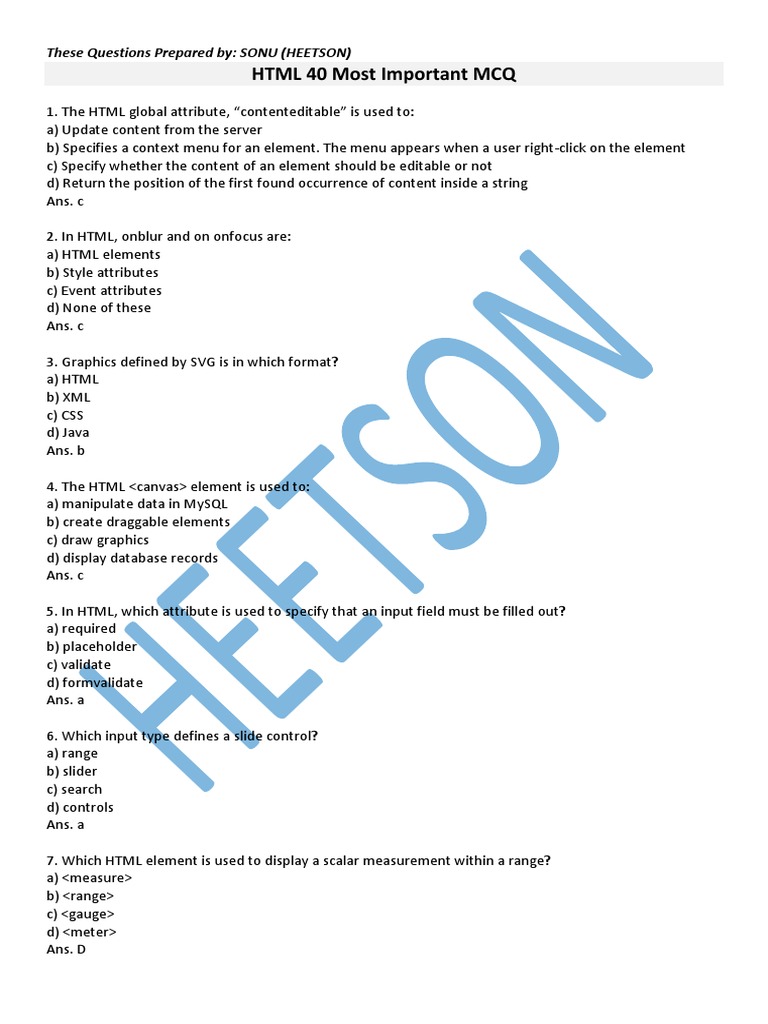 HTML Questions and Answers | PDF | Html | Html Element