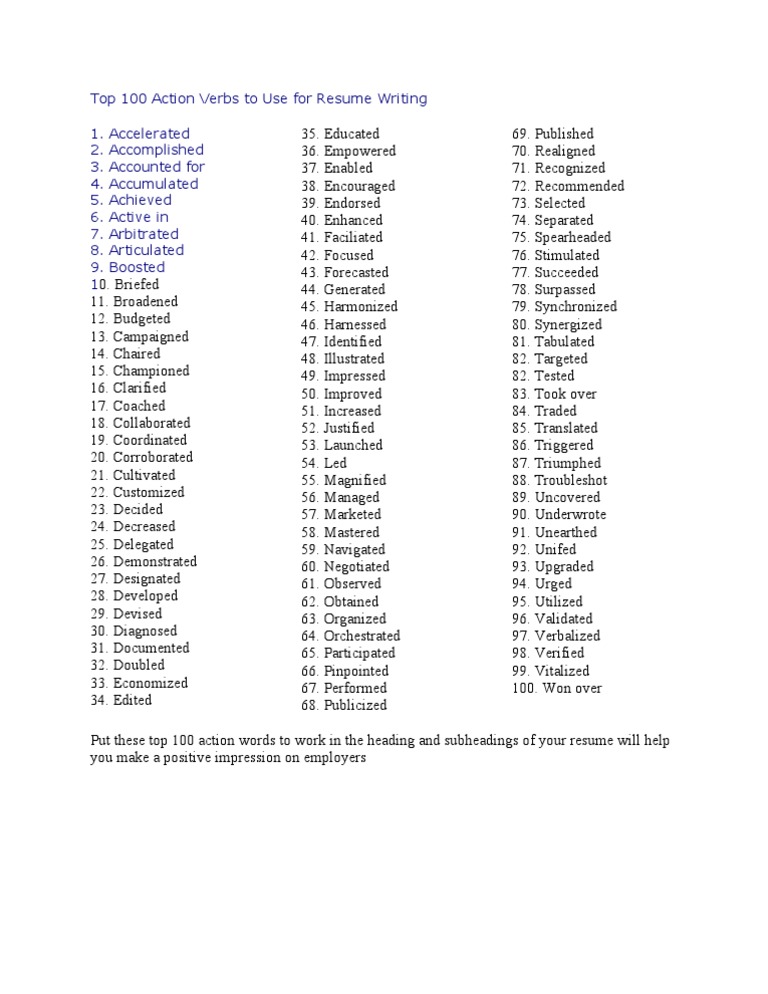 Top 100 Action Verbs To Use For Resume Writing | PDF