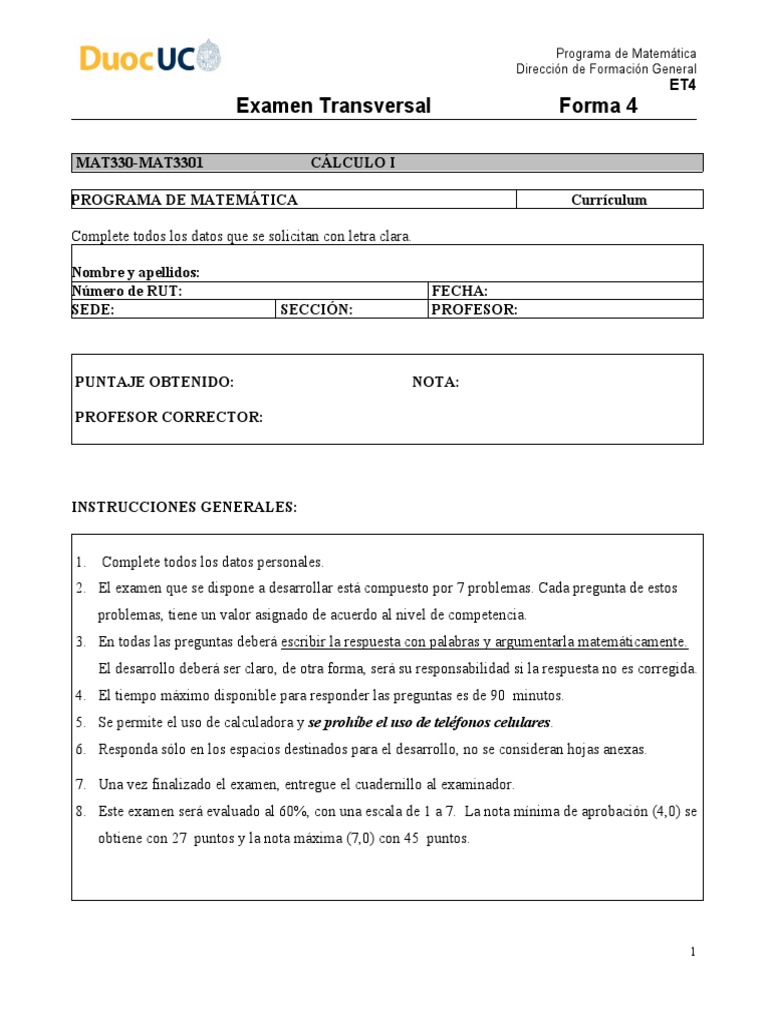 Et4 - Mat330 Forma - 4 - 2014 - 1 | PDF | Prueba (evaluación) | Matemáticas