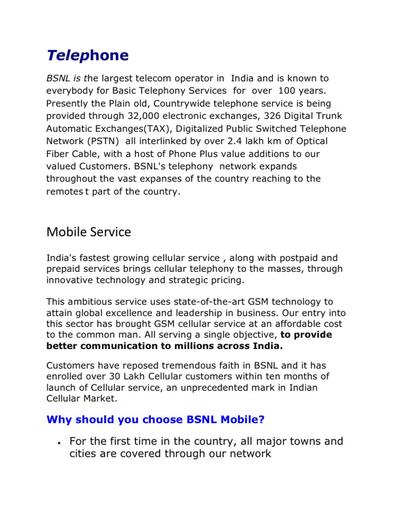 TelepBSNL Is The Largest Telecom Operator in | PDF | Internet Access ...