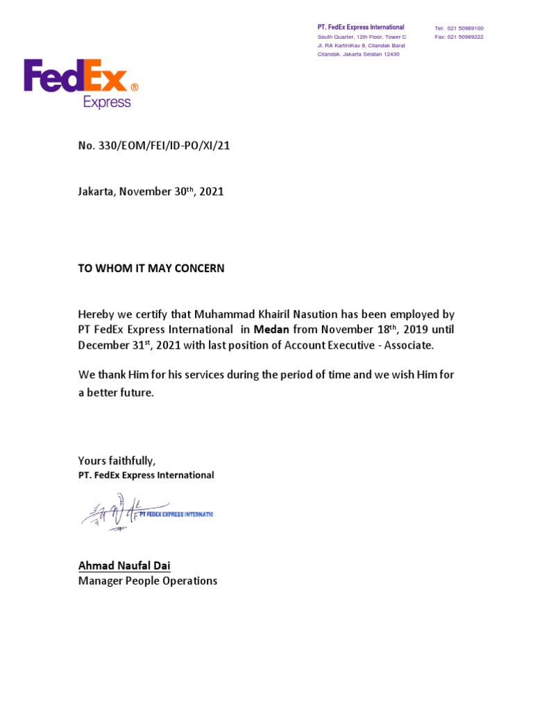 Reference Letter Fedex PDF