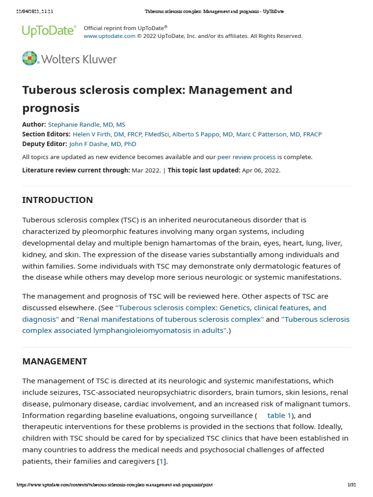Tuberous Sclerosis Complex - Management and Prognosis - UpToDate | PDF ...