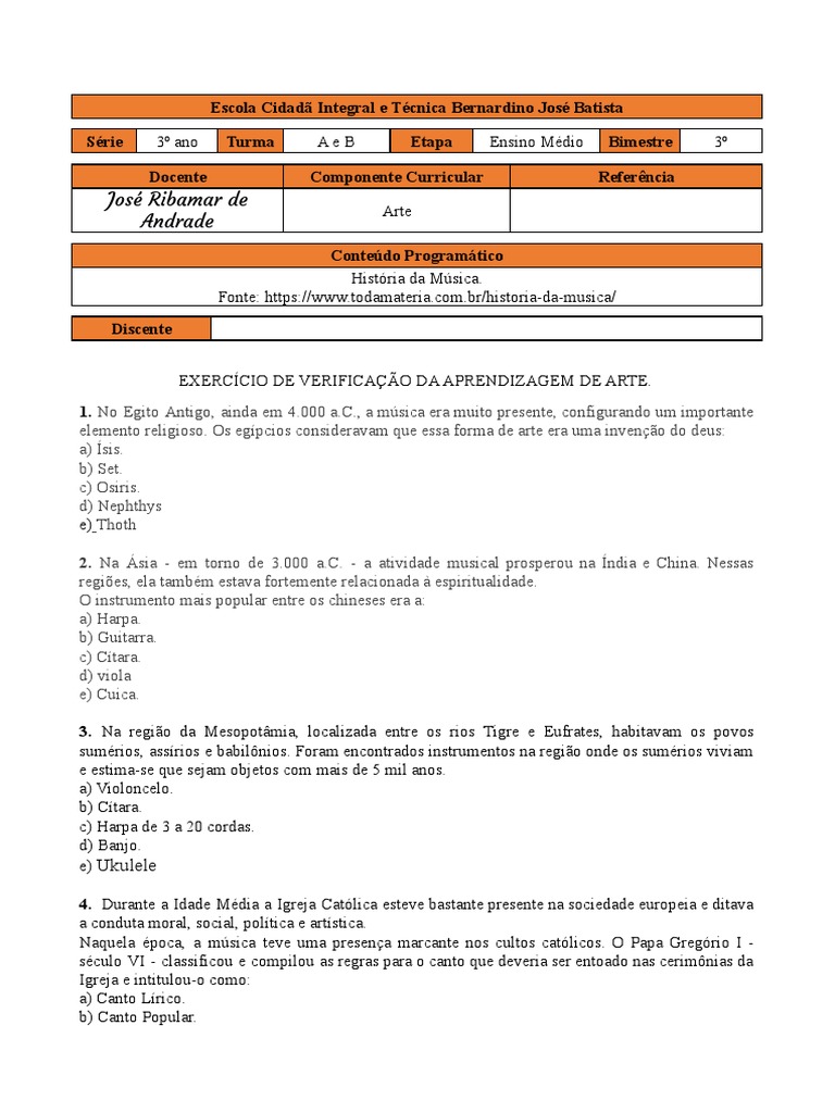 1 ATIVIDADE DE ARTE 3º ANO - 3º Bim. 2021 | PDF | Música clássica ...