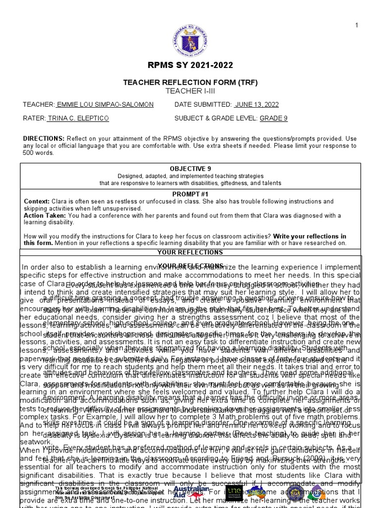 Teacher Reflection on RPMS Strategies | PDF | Learning | Lesson Plan