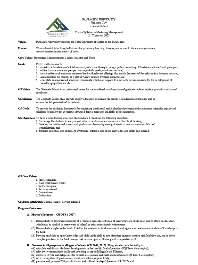 Marketing Management Syllabus 2022 | PDF | Strategic Management | Marketing