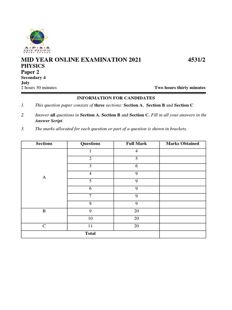2021 Physics Mid Year Exam - Paper 2 F4 | PDF | Acceleration | Collision