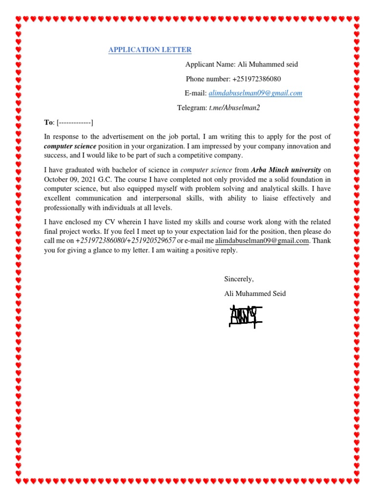 Application Letter Computer Science Position in Your Organization. I