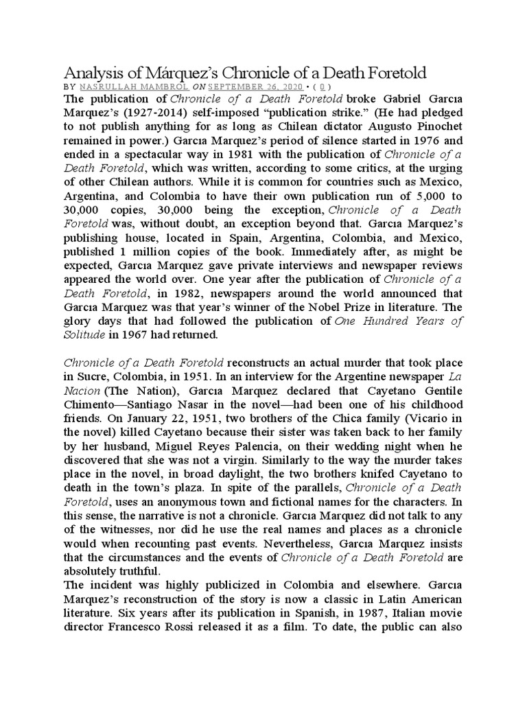 ANALYSIS of CHRONICLE OF DEATH FORETOLD | PDF | Mystery, Thriller \u0026 Crime  Fiction, image size:768x1024