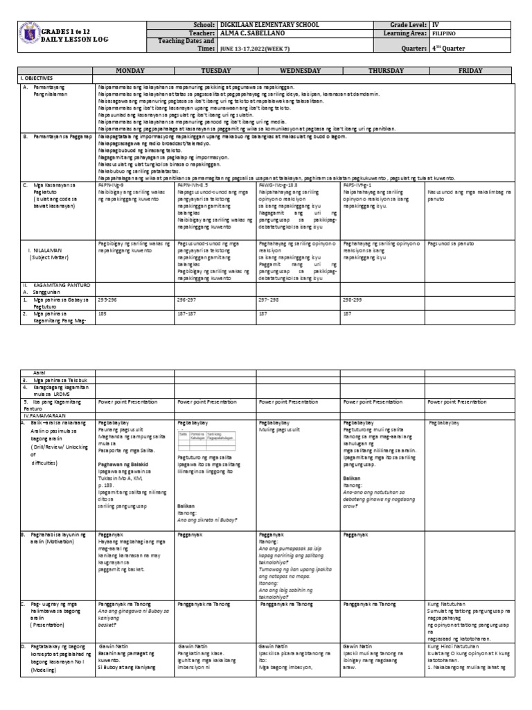 Grade 4 DLL FILIPINO 4 Q4 Week 7 | PDF