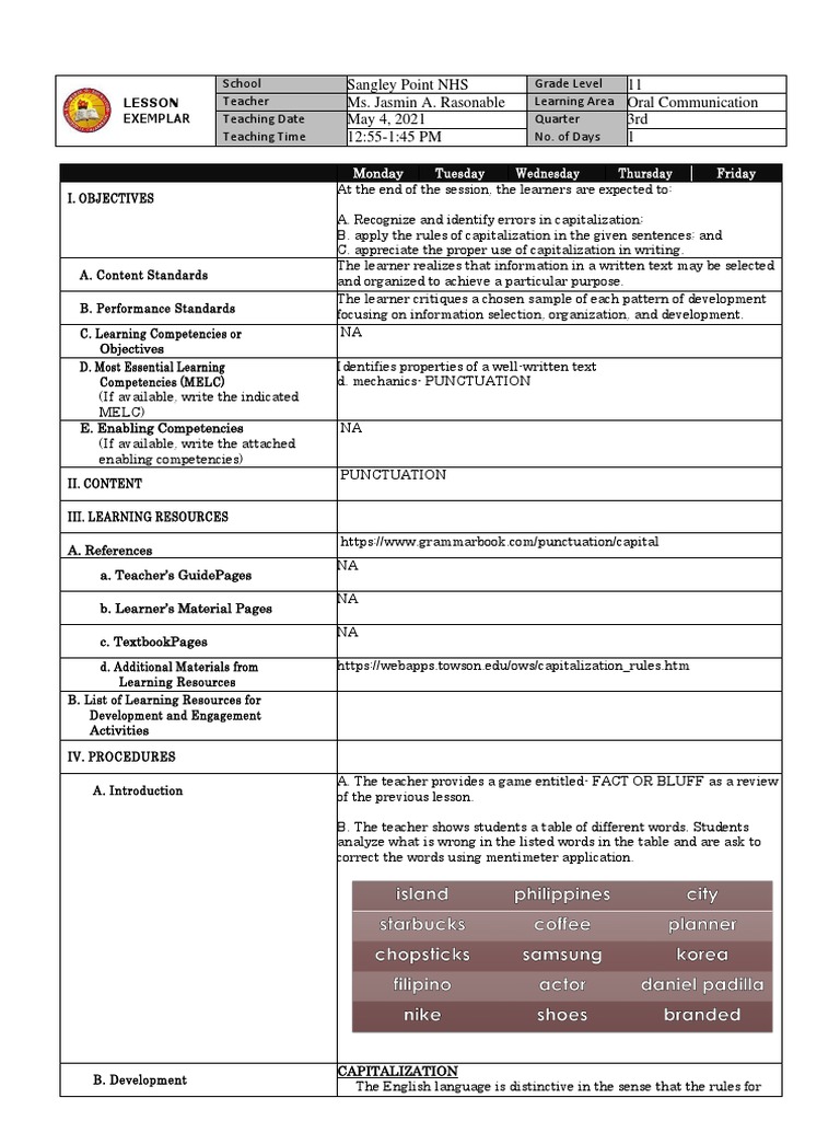 Reading and Writing Lesson Exemplar PDF Learning Teachers