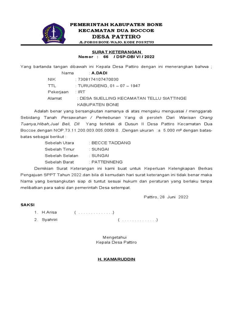 Surat Keterangan Tanah Desa Pattiro | PDF