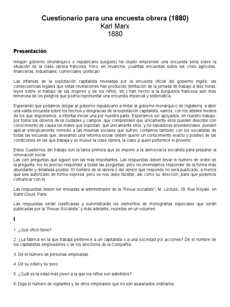 Marx, Cuestionario para Una Encuesta Obrera | PDF | Pieza de trabajo ...