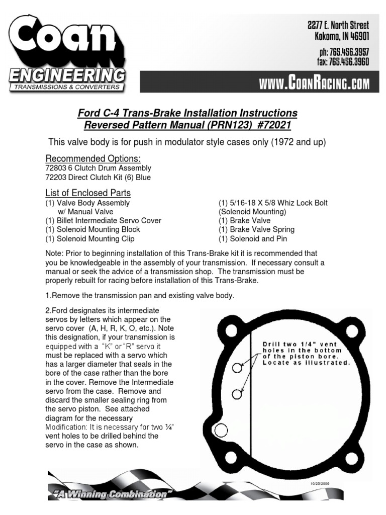 Ford C4 TransBrake Installation Instructions Reversed Pattern Manual