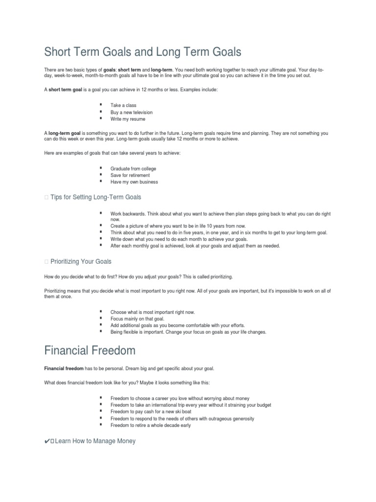 Short Term Goals and Long Term Goals | PDF | Goal | Debt