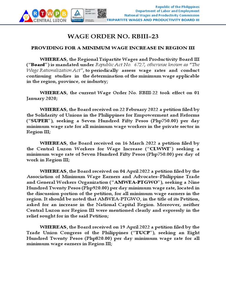 Wage Order No. Rbiii-23: Wage Rationalization Act