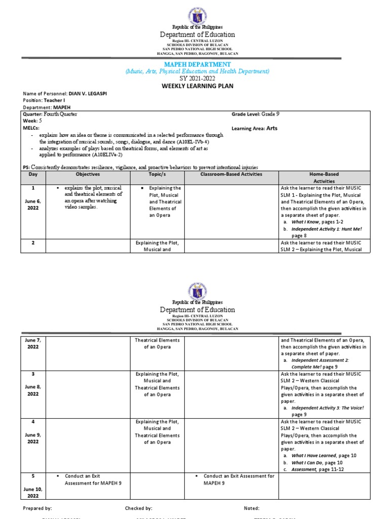 Department of Education: Weekly Learning Plan | PDF | Learning ...