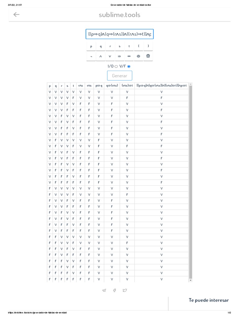 Generador de Tablas de Verdad Online PDF Proposición Lógica