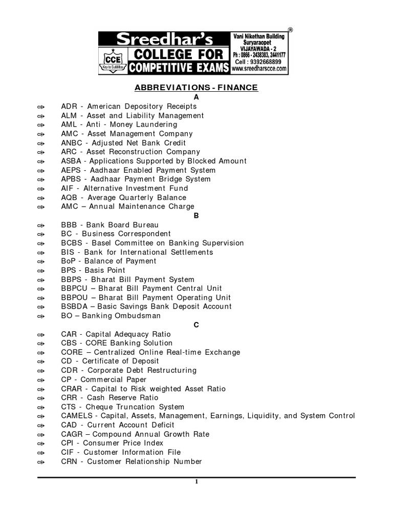 Abbreviations Finance Sreedhar's PDF Banks Debt