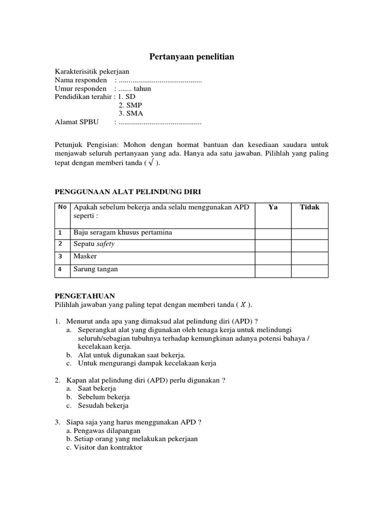 Kuesioner Penggunaan APD di SPBU | PDF