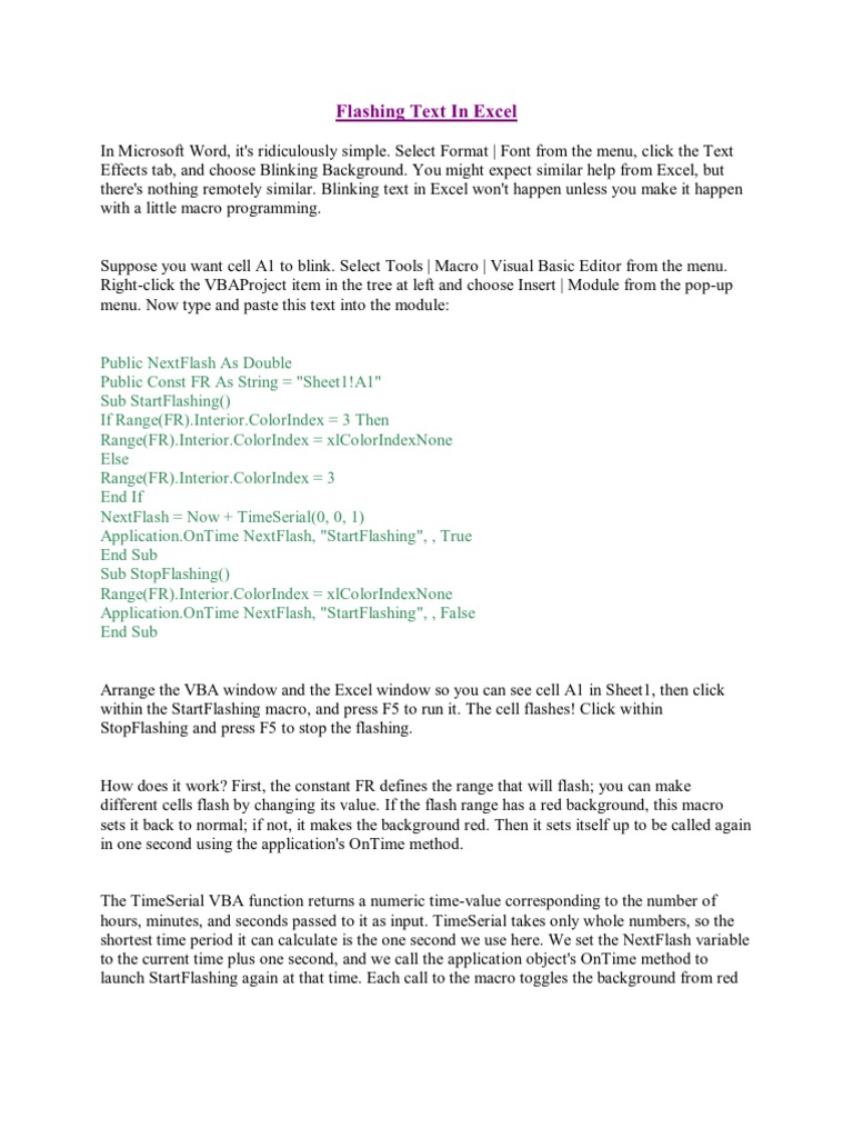 Flashing Text In Excel Visual Basic For Applications