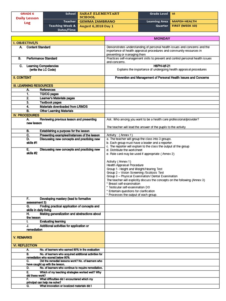 Grade 6 MAPEH Health Lesson Plan | PDF | Teachers | Learning