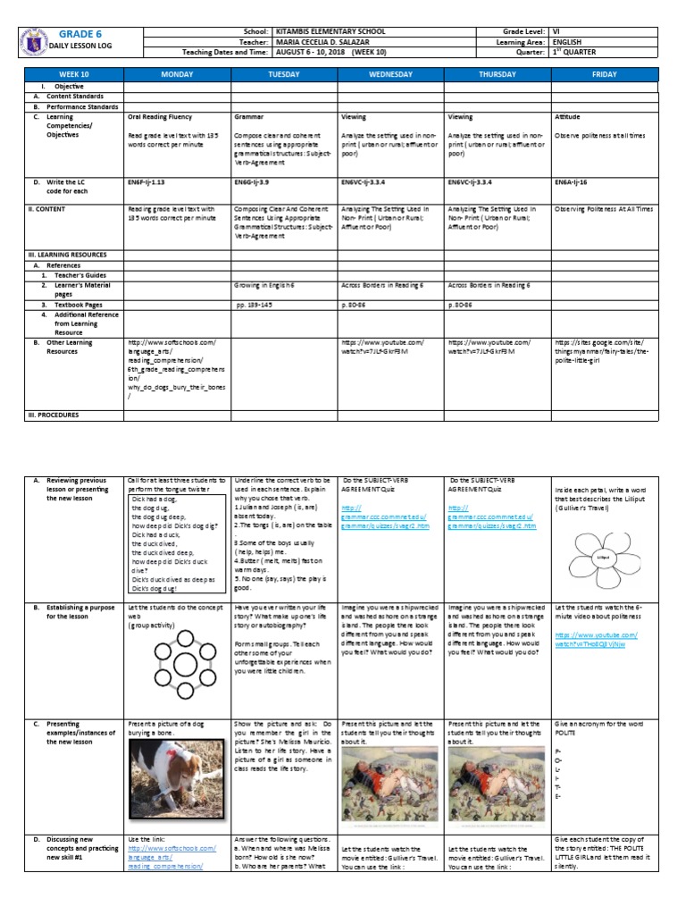 Grade 6 English Lesson Plan: Week 10 | PDF | Learning | Curriculum