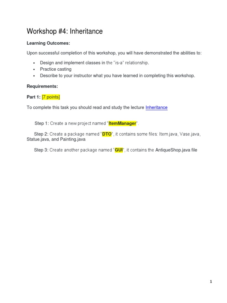 Workshop #4: Inheritance: Learning Outcomes | PDF | Java (Programming ...