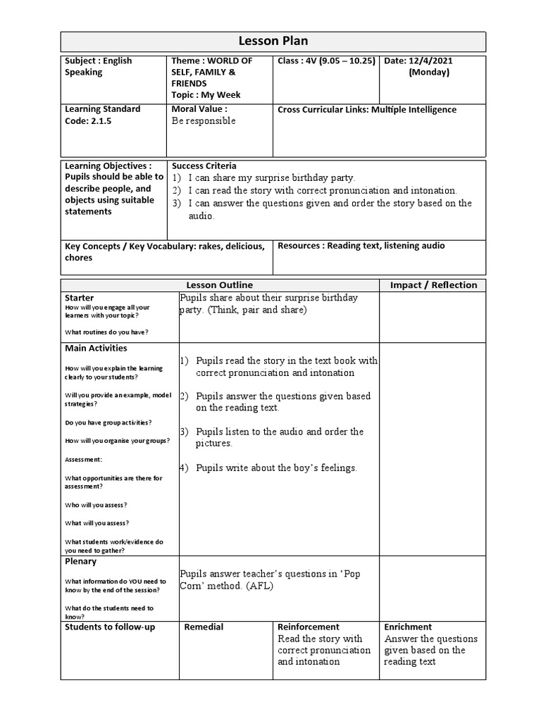 Lesson Plan: Lesson Outline Impact / Reflection | PDF | Lesson Plan ...