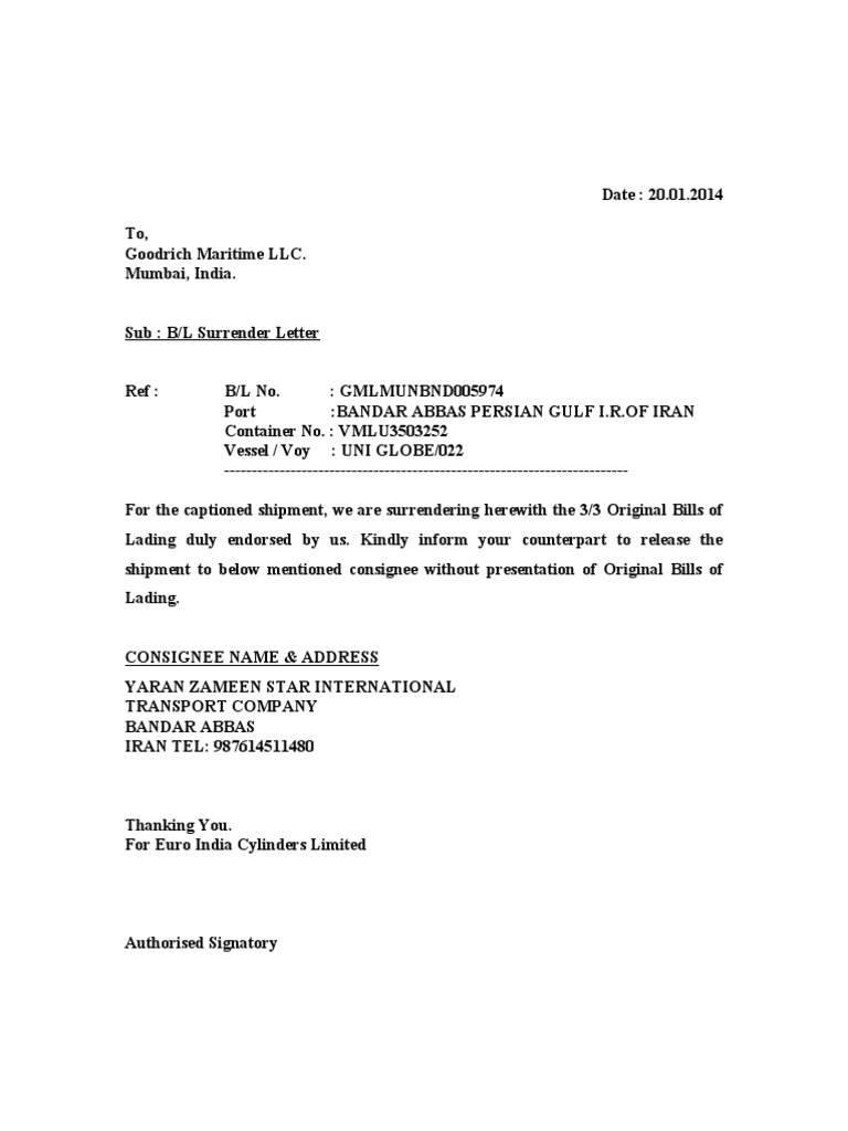 B/L Surrender Letter to Goodrich Maritime | PDF