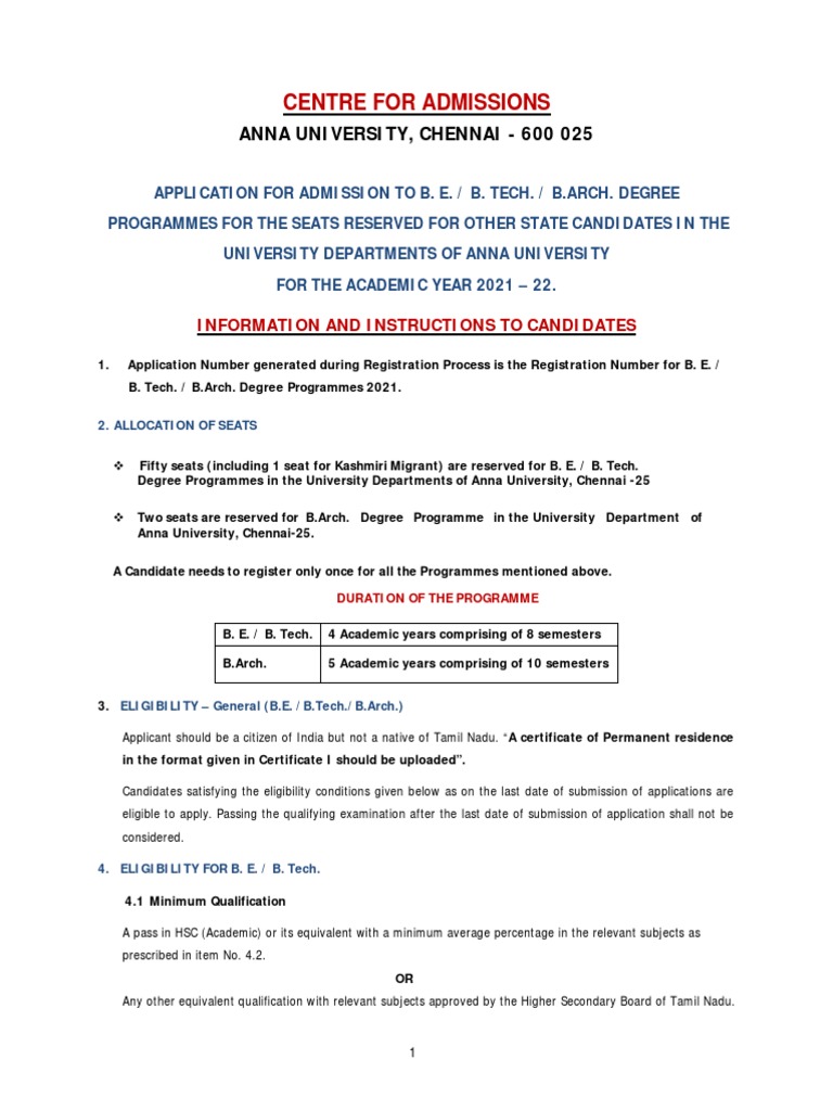 Anna University B.E./B.Tech/B.Arch Admissions 2021 | PDF | Test ...