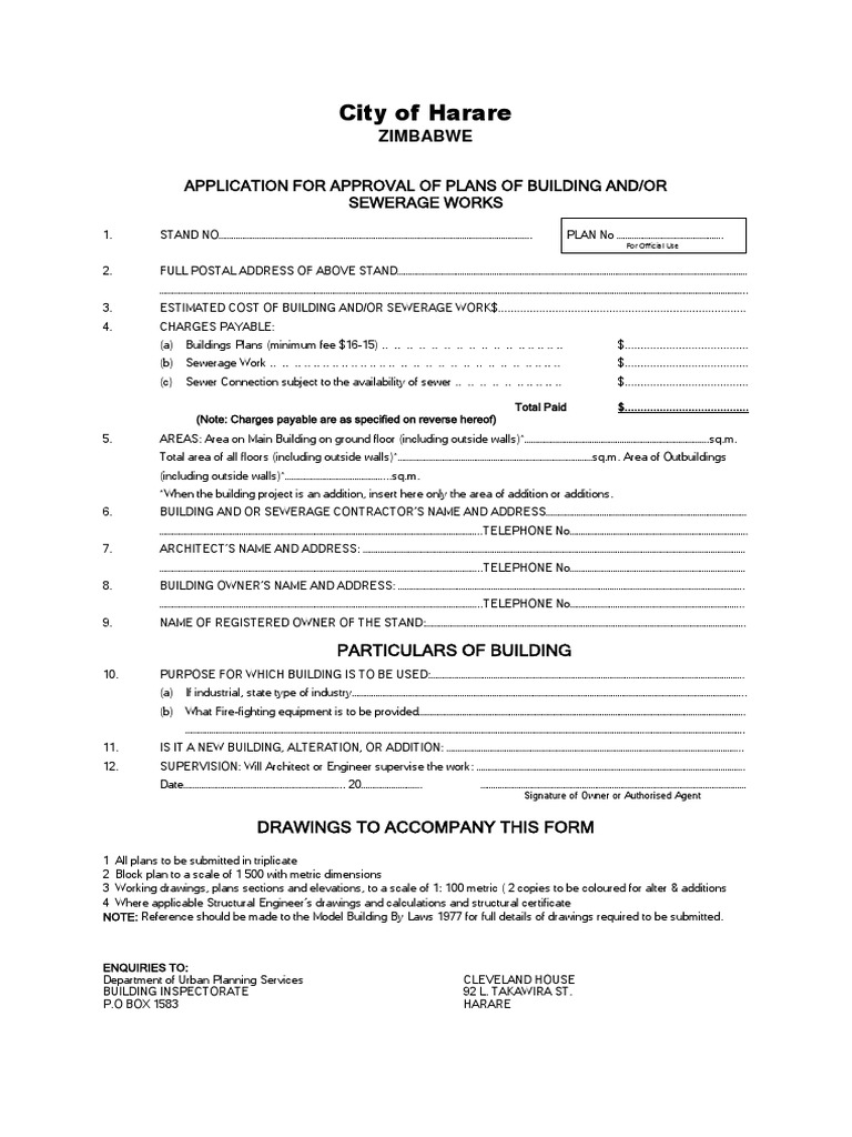 Harare Building Plan Approval Application | PDF | Sanitary Sewer