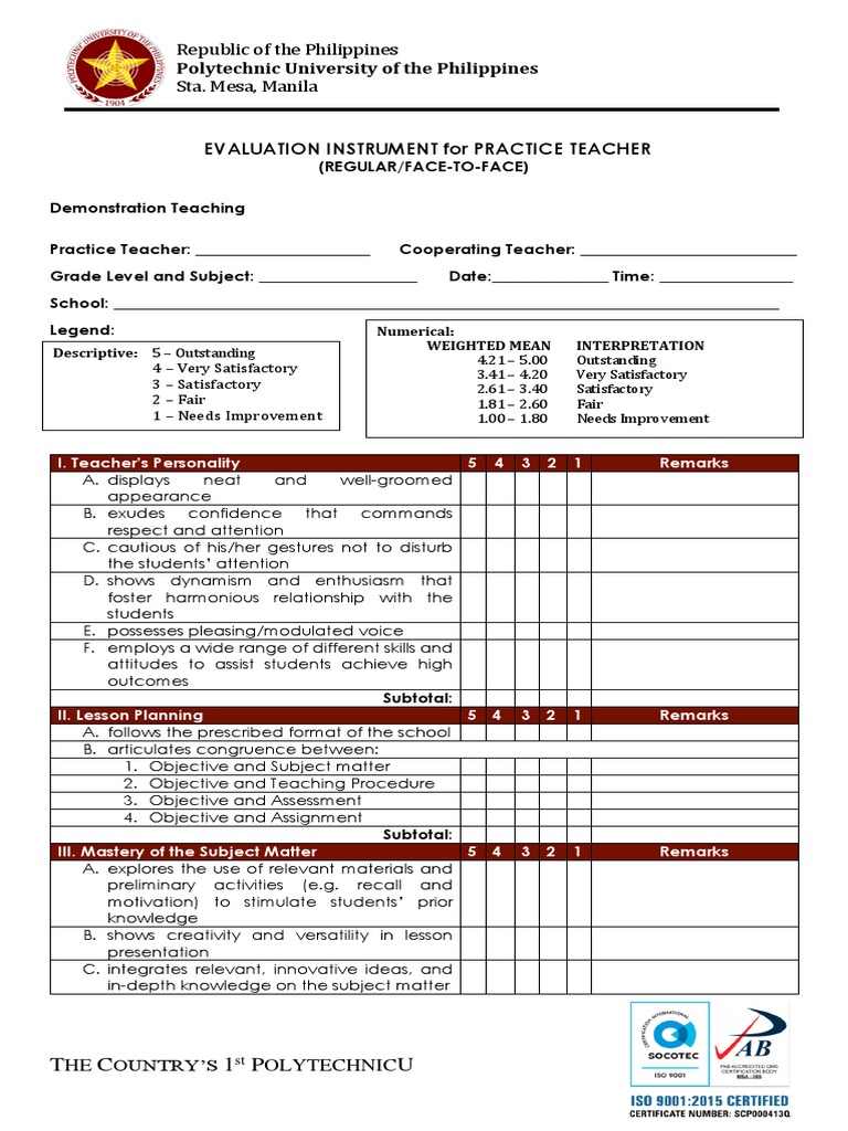 Practice Teacher Evaluation Instrument | PDF | Learning | Teaching