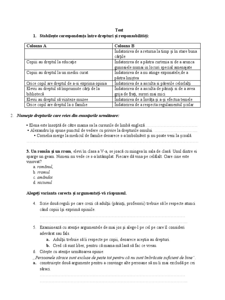 Test Clasa A V-A | PDF