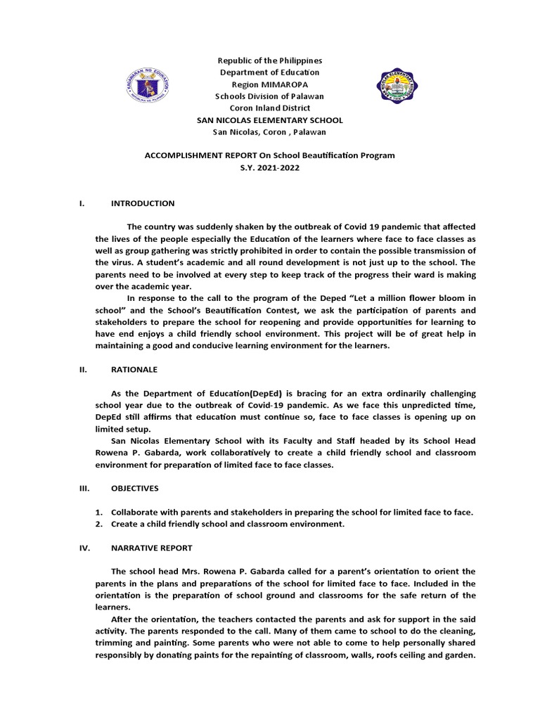 San Nicolas School Beautification Report | PDF | Learning | Behavior ...