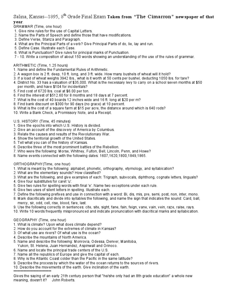 8th Grade Test, Salina KS Orthography Human Communication Free 30