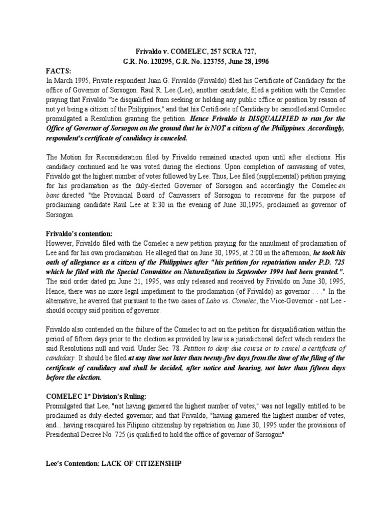 Frivaldo v comelec 257 scra 727 g r no 120295 g r no 123755