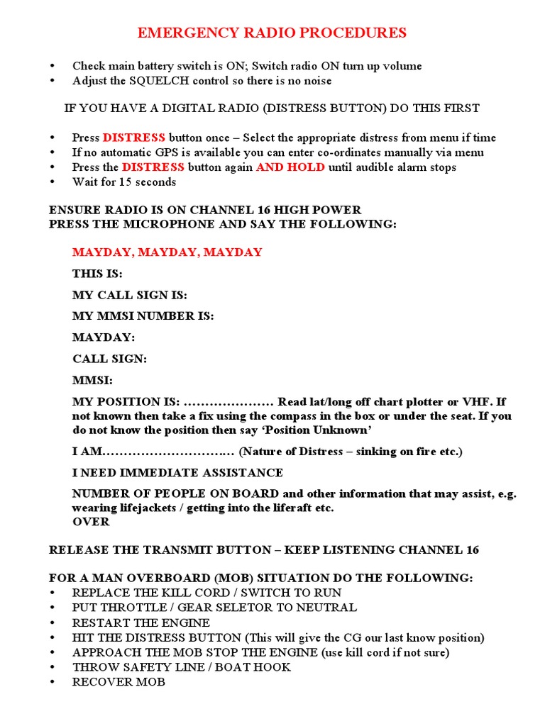 VHF Emergency Radio Procedure Card - Blank | PDF | Home & Garden ...