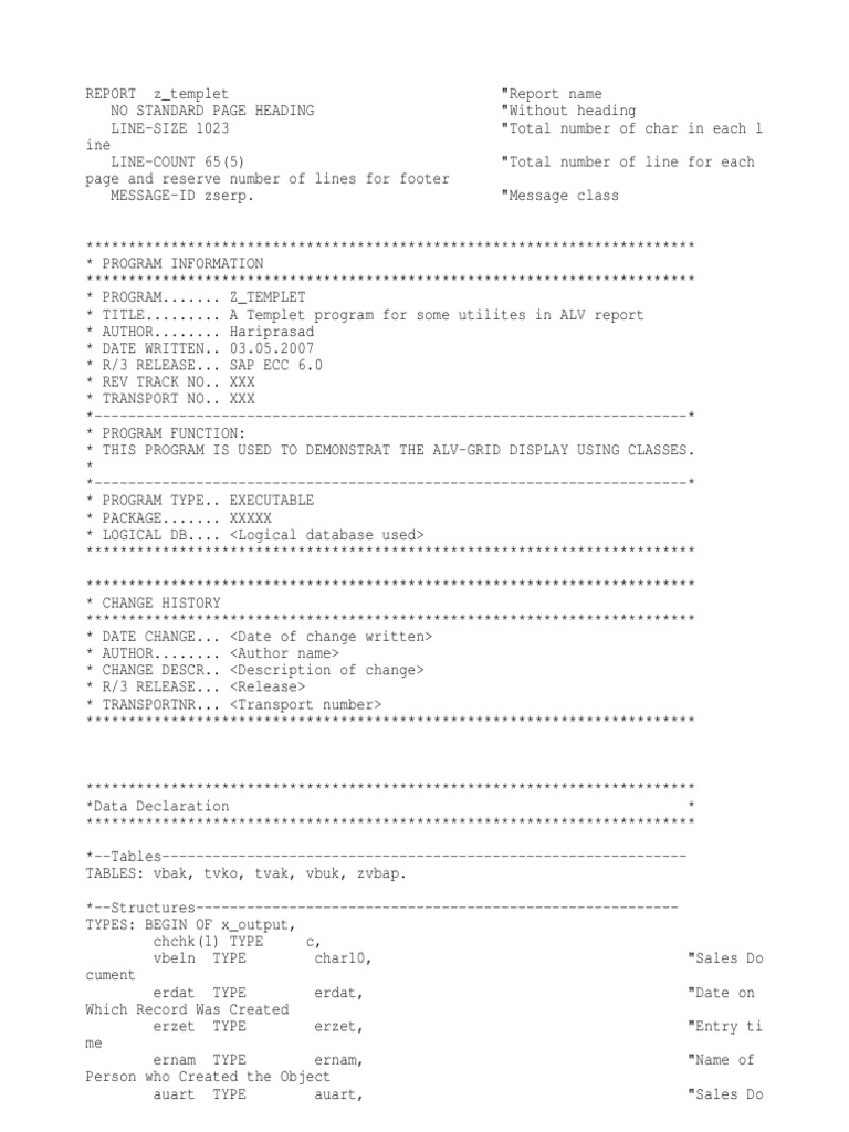 ALV Report Template Program Overview | PDF | Database Index | Page Layout