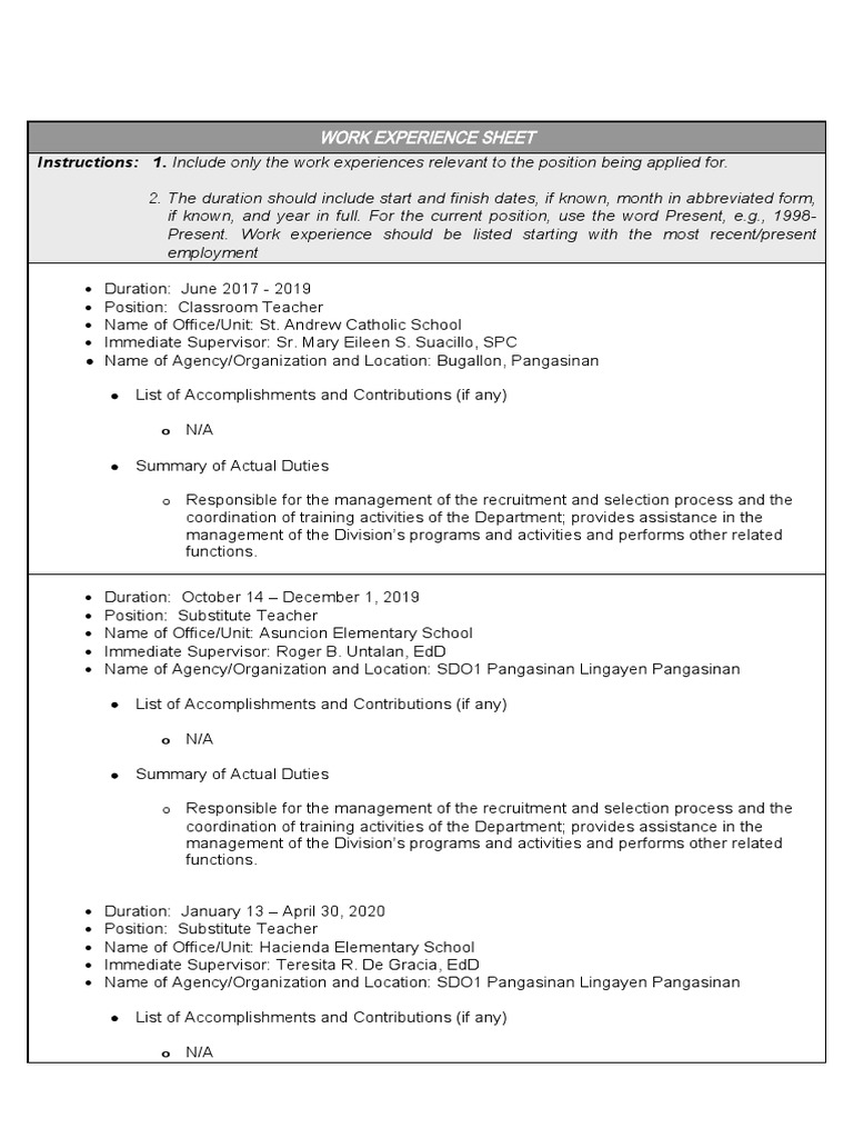 Work Experience Sheet for Teachers | PDF | Teachers | Labor