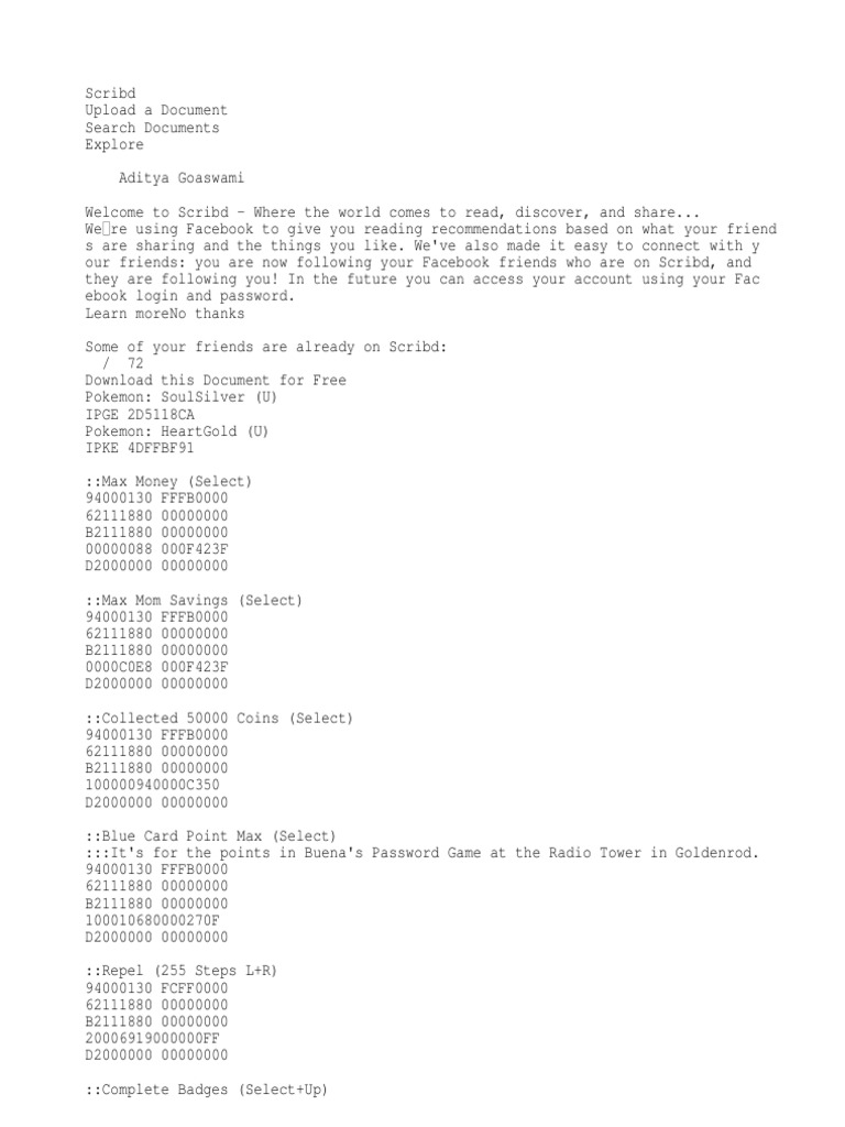 Pokemon HeartGold Action Replay Codes PDF Scribd World Wide Web