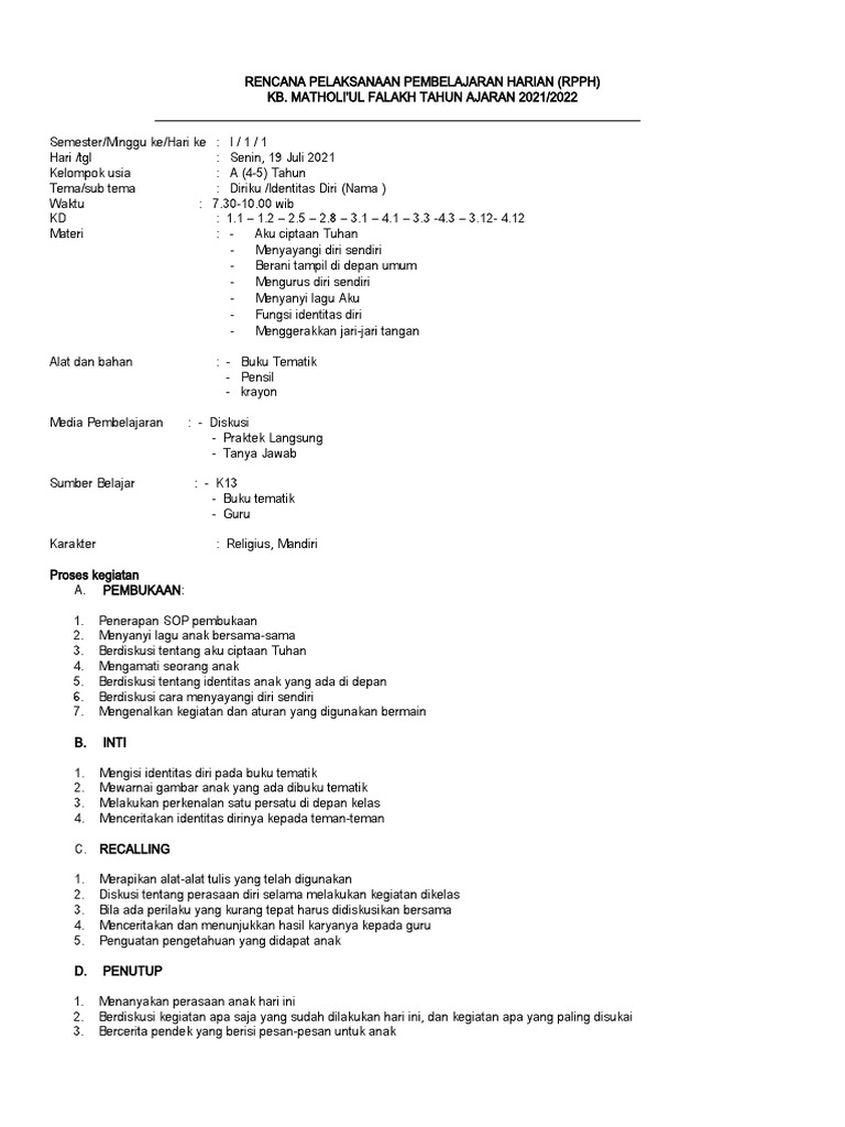 RPPH Identitas Diri Anak Usia Dini | PDF