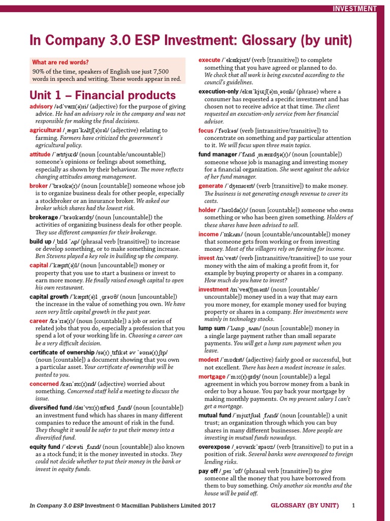 In Company 3.0 ESP Investment Glossary (By Unit) PDF Verb Investing