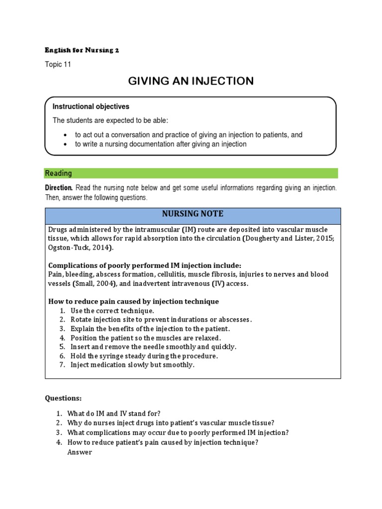 Giving An Injection: Nursing Note | PDF | Injection (Medicine) | Pharmacy