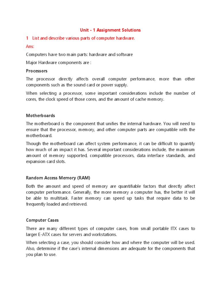 1 List and Describe Various Parts of Computer Hardware. Ans Download