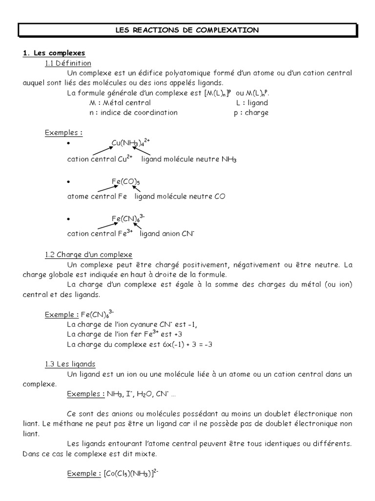 Réactions de Complexation en Chimie PDF Chimie Titrage — free download