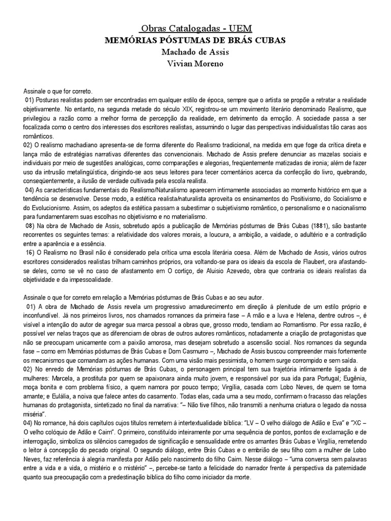 Memórias Póstumas de Brás Cubas Breve Análise PDF Realismo (artes