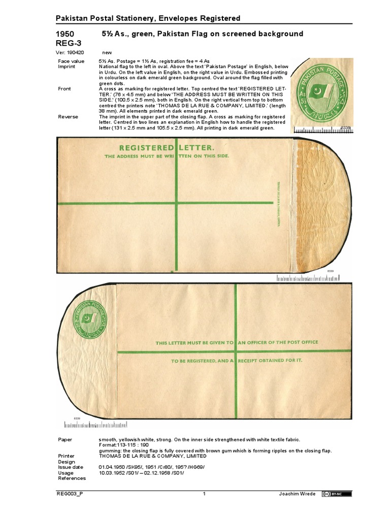 Pakistan Postal Stationery, Envelopes Registered 5 As., Green, Pakistan ...