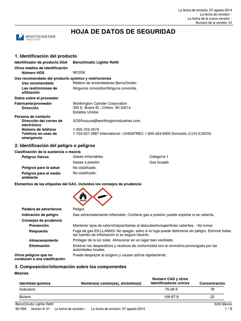 WC034 BernzOmatic Lighter Refill Mexico (Spanish) PDF Agua Oxígeno