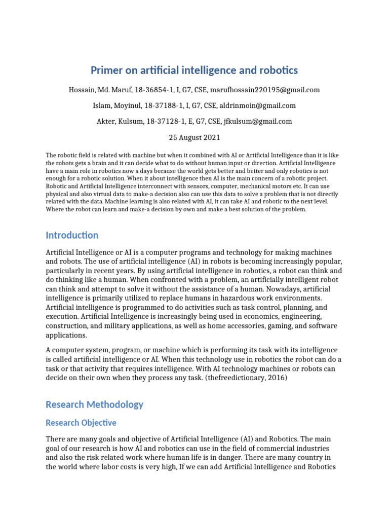 Primer On Artificial Intelligence and Robotics Research Objective